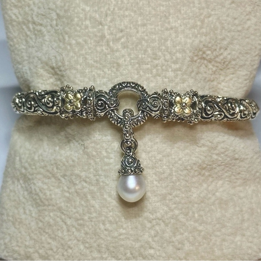 Barbara Bixby 925 Silver 18k Gold Pearl Charm Hinged Cuff Bracelet 7”
